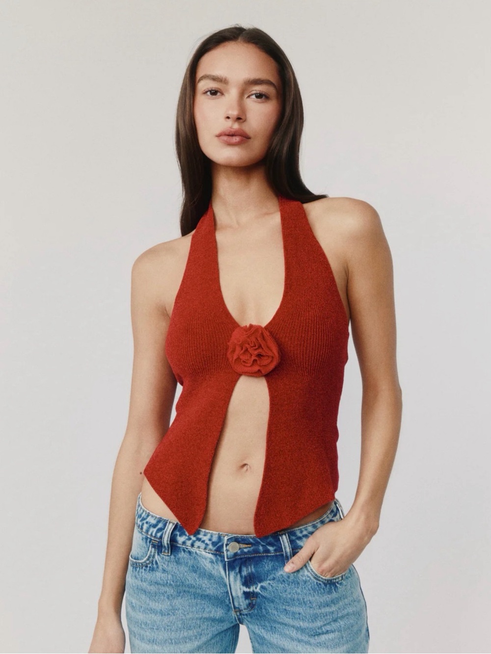 With Jean red Halter Knit Top with Front Rosette